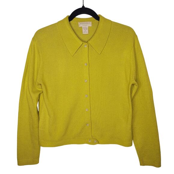 Vintage 90s Express Tricot Collar Cardigan Sweater Boxy Chartreuse Medium Grunge - Picture 1 of 10